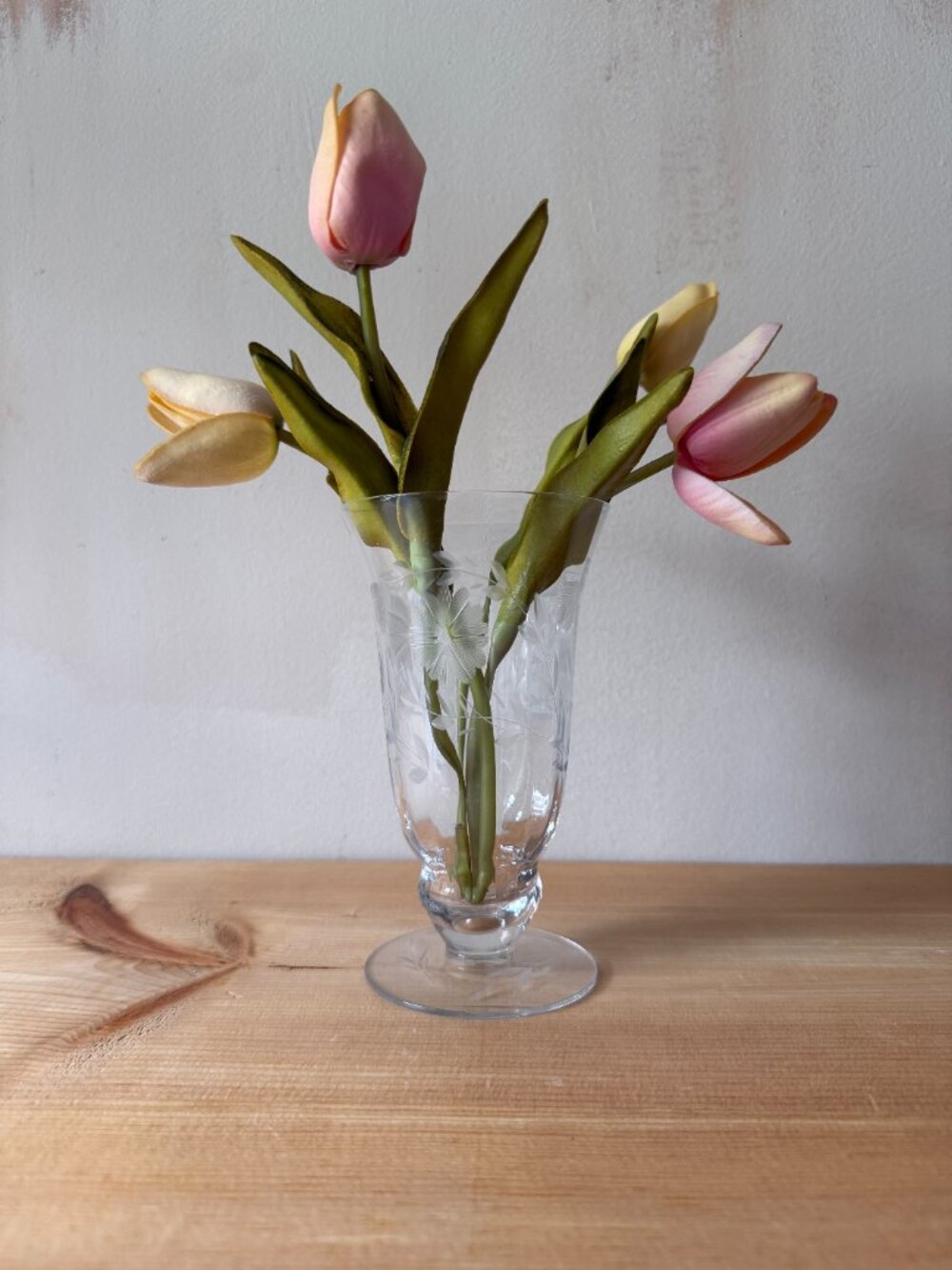 Vintage Clear Crystal Trumpet Vase | Wheel Cut Floral Footed Glass